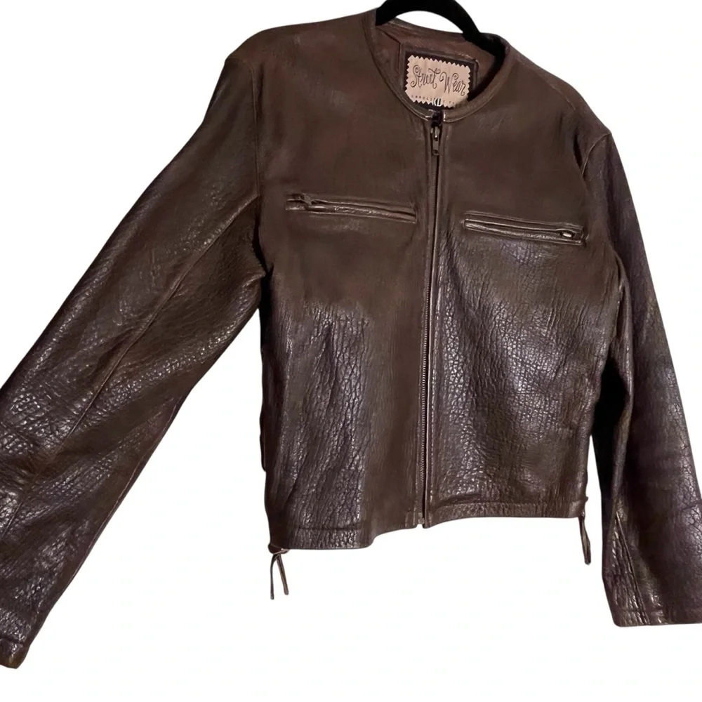 90s vintage carole little leather jacket moto brown front zip pebbled leather 6 - Picture 6 of 12